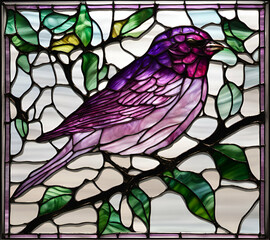 Purple Finch bird, abstract painting in stained glass style