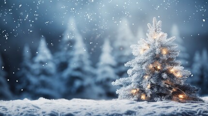 light winter background, christmas tree, snow, generative ai