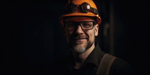 Portrait of a Man Builder, Worker, Engineer, Manager, Architect in a orange helmet on a black background Male Construction Worker - obrazy, fototapety, plakaty