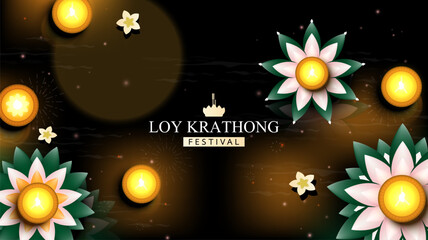 Loy Krathong Festival in night sky Krathong and Candle terracotta floating on river. Top view. Vector illustration.