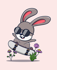 vector illustration of a rabbit in sunglasses playing skateboard. cute animal icon concept