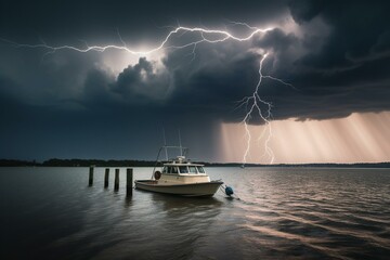 Naklejka na ściany i meble A stormy sky with intense lightning and a boat on the water below. Generative AI