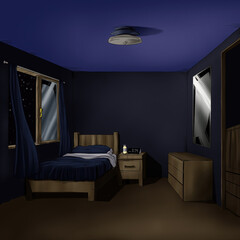 illustration of bedroom with lights and bed, 