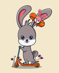 vector illustration of beautiful rabbit playing scooter. cute animal icon concept