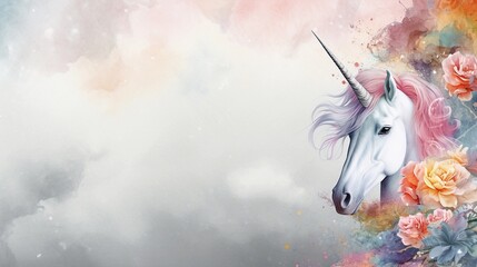 space for text on textured background surrounded by unicorn myth in water color style, background image, generative AI