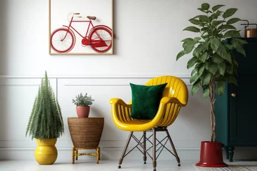 Foto op Canvas Dark green vintage armchair with wooden coffee table, plant, and red bike in living room with yellow painting on white wall. Generative AI © Sona