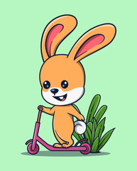 vector illustration of cute rabbit playing scooter. cute animal icon concept