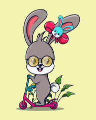 vector illustration of a beautiful cute rabbit wearing glasses playing a scooter. cute animal icon concept