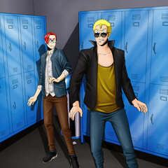 Illustration two young students in the school hallway