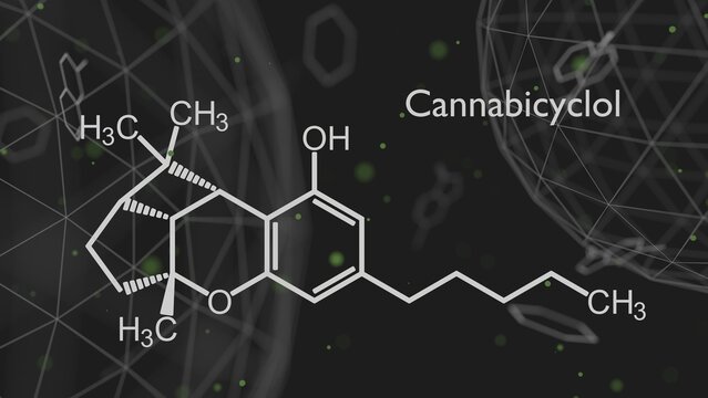 Cannabicyclol or CBL molecular structural chemical formula. Futuristic science backdrop. Pharmacology concept. 3D render.