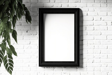 In front of a white brick wall is a black frame on a tusba. interior. sunshine. Generative AI