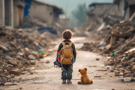 unrecognizable kid affected by war; child with teddy bear alone in the middle of earthquake or bomb explosion destruction; sad Little Boy in destroyed city with a toy in Israel Gaza or Ukraine
