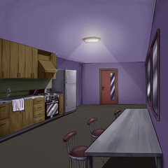 Interior illustration of a modern illuminated kitchen