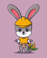 vector illustration of a construction worker rabbit holding a hammer in both hands. cute animal icon concept