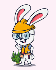 vector illustration of a cute construction worker rabbit wearing glasses. cute animal icon concept