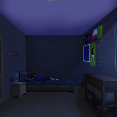 Illustration cartoon man lying in bed