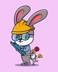 vector illustration of a building foreman rabbit looking at a blueprint. cute animal icon concept