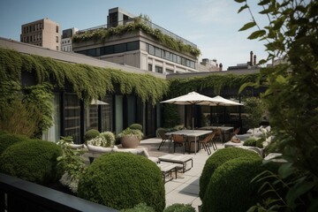 The building's rooftop has a terrace adorned with twin umbrellas, concrete floors, and abundant vines. Generative AI
