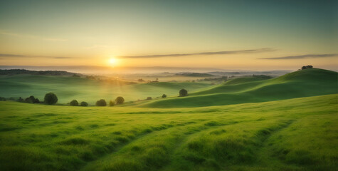 Green grass field Summer day, Green hills background, landscape green valley, with sunlight.