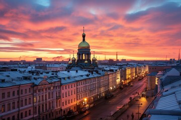 sunset over Saint Petersburg's Lahta Center in November 2021. Generative AI