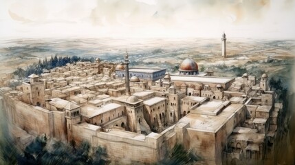 Obraz premium An aerial view of the Al-Aqsa Mosque complex, surrounded by the ancient walls of the Old City of Jerusalem, a historical and cultural ambiance, Artwork, watercolor painting