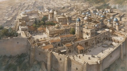An aerial view of the Al-Aqsa Mosque complex, surrounded by the ancient walls of the Old City of Jerusalem, a historical and cultural ambiance, Artwork, watercolor painting