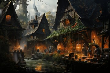 Mysterious witches brewing potions in hidden cottages - Generative AI - obrazy, fototapety, plakaty