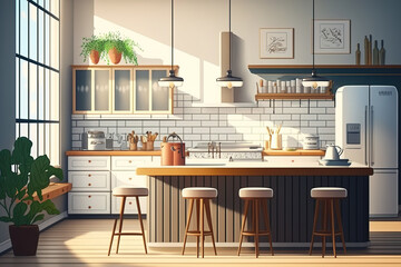Illustration, interior scene and mockup, kitchen bar, meal prep, dining corner. Generative AI