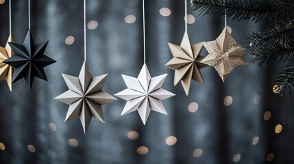 Christmas simple decoration paper stars in Scandinavian style hanging on the Christmas tree. Christmas magic mood
