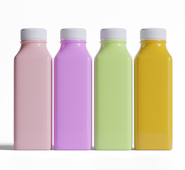 Plastic bottles with different fruit or vegetable juices and fruits