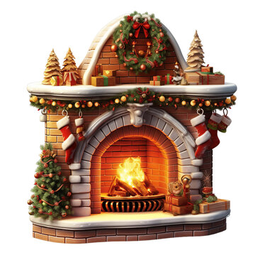 Decorative Christmas fireplace isolated on transparent background, Generative ai