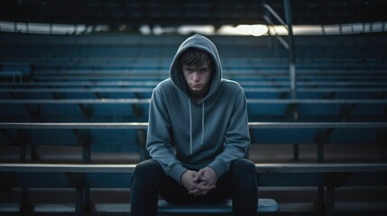 a depressed young man teenager wearing a hoodie, sitting on bleachers alone. - obrazy, fototapety, plakaty