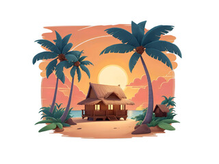 Vector illustration of a nipa hut and coconut trees in a beach during sunset