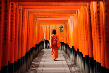 Naklejka premium a woman in kimono and orange tori tori gates 