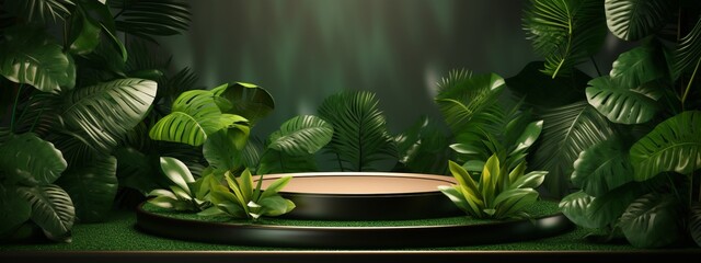 Background podium 3D green product nature jungle platform plant stand garden leaf scene studio. Podium display tropical background rock 3D presentation wood stage stone tree water pedestal cosmetic