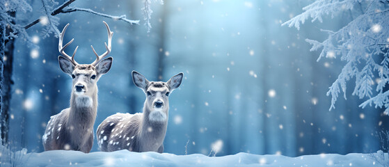 Fototapeta na wymiar Snowy Serenity, Majestic Reindeers Amidst Winter Wonderland