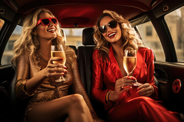  young women drinking champagne in a car - obrazy, fototapety, plakaty