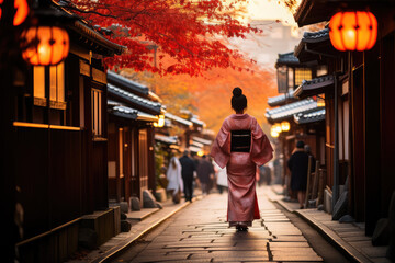 traditional Japanese kimono walking in Higashiyama district in the old town of Kyoto, Japan