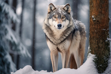 Naklejka premium Close-up of a wolf in a winter forest