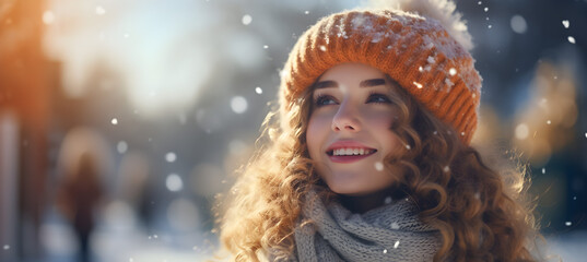 Cozy Winter Wonderland, Smiling Beauty Soaking in Snowfall Magic