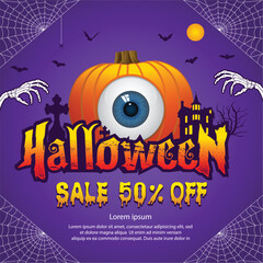 Halloween Sale banner vector illustration with hand bone, pumpkin, Haunted Castle,sale text and monocular. 