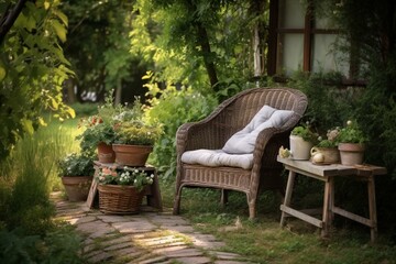 Outdoor seating and a basket in the yard, prepared for a relaxing break. Generative AI