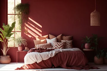 Tapeten Gorgeous modern boho bedroom with natural shadows cast by tropical leaves and early sunlight on the earthy red wall of Morocco. Interior, Design, White Space, Maroon. Generative AI © Sona