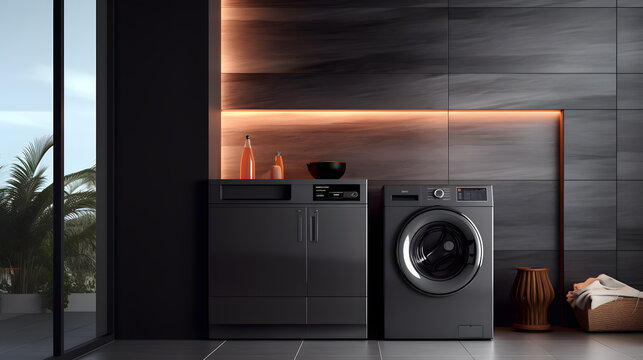 sleek washing machine in a modern bathroom in the dark
