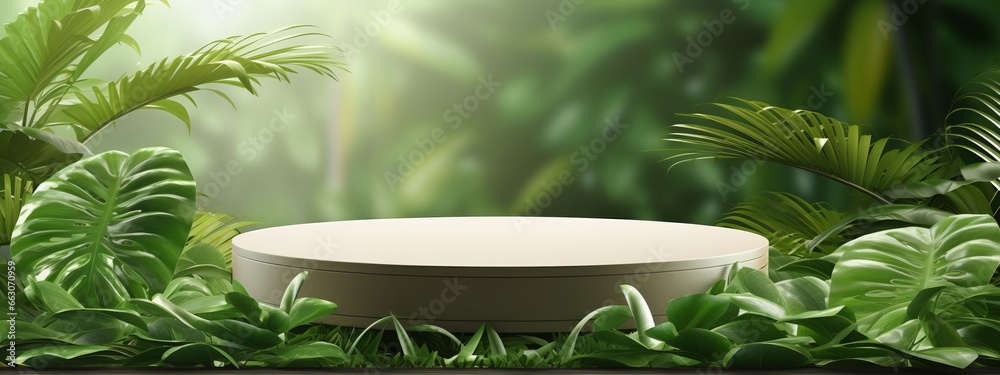 Sticker background podium 3d green product nature jungle platform plant stand garden leaf scene studio. podi