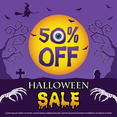 Halloween sale banner template with hand bones,sale text and moon in night cemetery. Vector Illustration