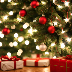 Christmas gifts and tree closeup