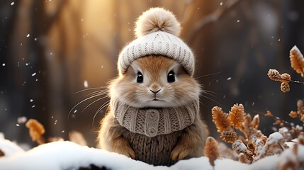 adorable bunny wearing knitted hat and sweater in the winter snow - obrazy, fototapety, plakaty