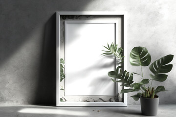 - a shadowed concrete wall with an empty photo frame. Minimal photo/poster frame mockup. Generative AI