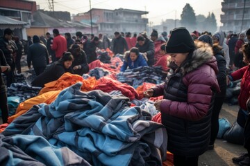 Volunteers distributing blankets on the streets - obrazy, fototapety, plakaty